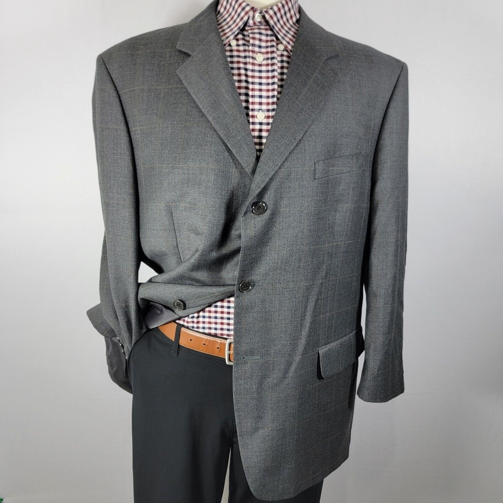 Jones New York Men's Sport Coat Blazer Gray Plaid Twill‎ Wool Cashmere Poly 46R